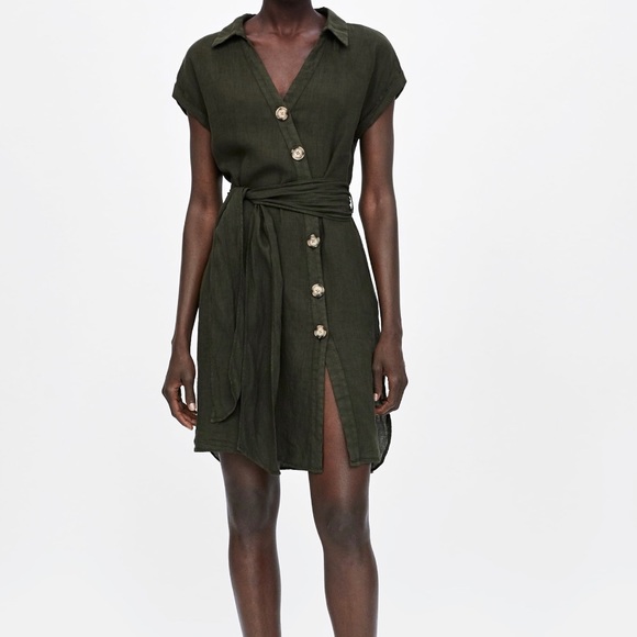 Zara olive linen mini button asymmetrical dress - Picture 4 of 8